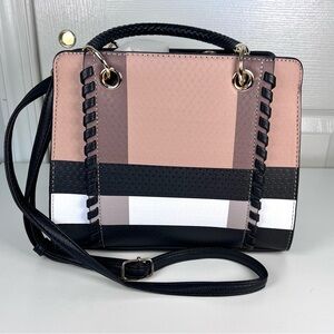 Brown, Beige and White Fashion Handbag with Black Stripes